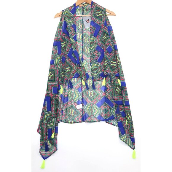 Blue Aztec Kimono Neon Tassels America & Beyond Lightweight Open Front Sz S Boho - Picture 1 of 8
